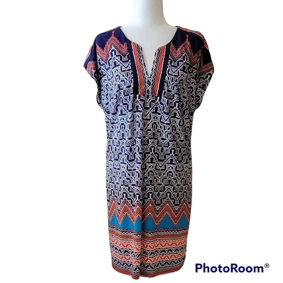 Laundry By Shelli Segal Navy Blue White Orange Print Shift Dress Size M - Picture 2 of 11